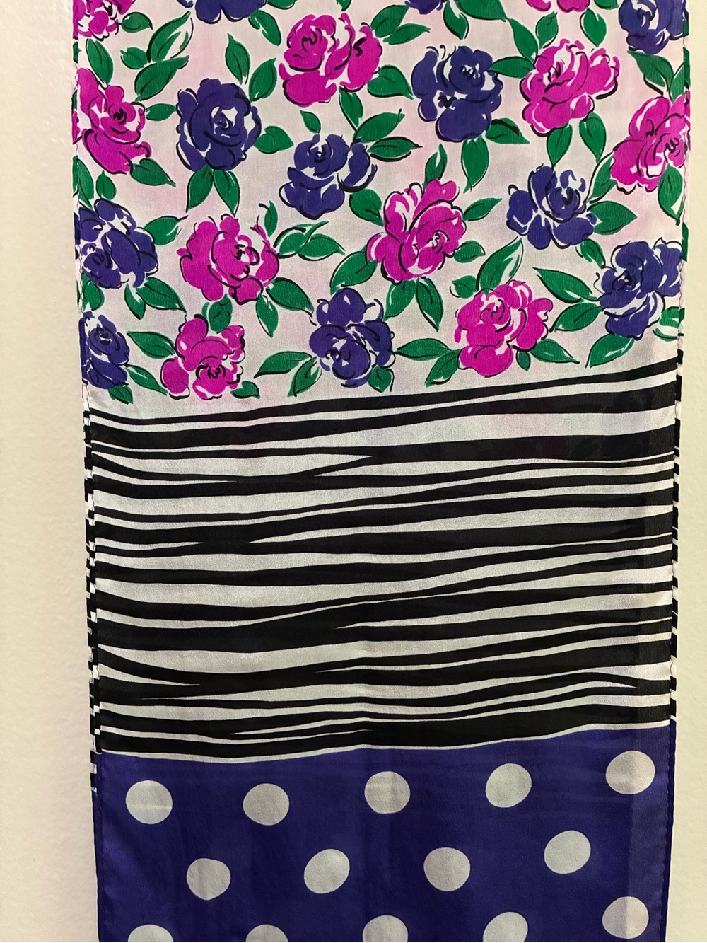 Echo Purple and White Polka Dot Silk Scarf Pink Floral  Black Stripes